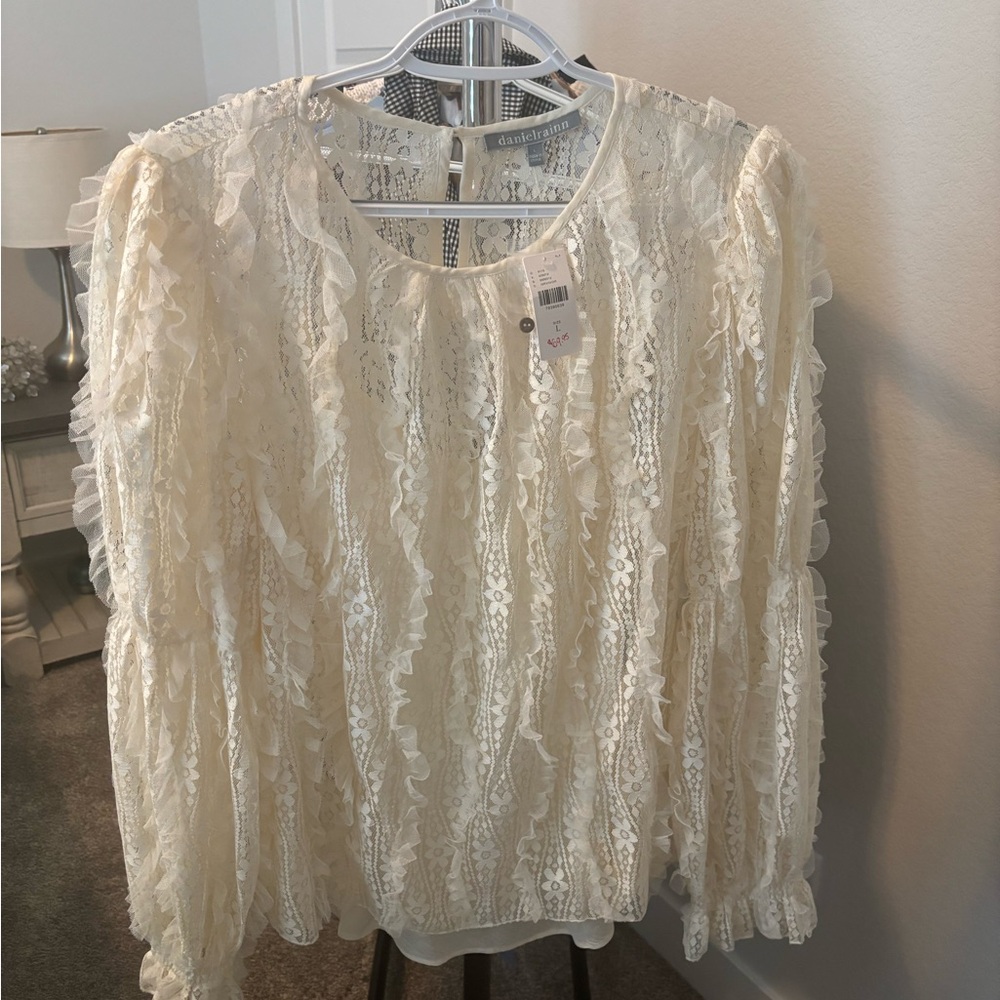 Anthropologie Cream Lace Ruffle Blouse